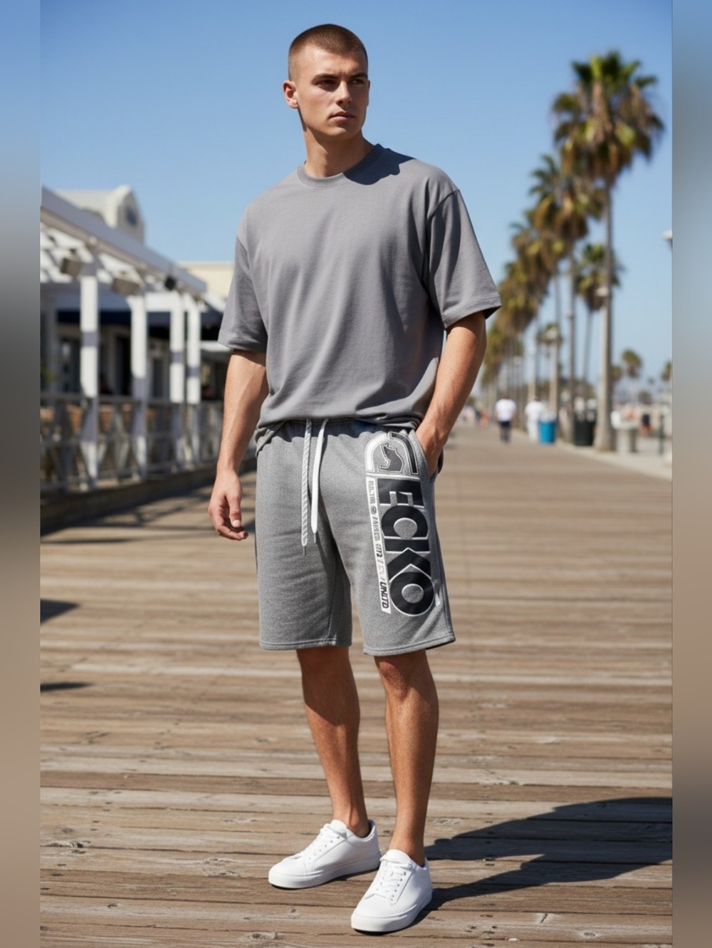 Ecko Unltd Size L Graphic Logo Light Gray Drawstring 3 Pocket Streetwear Shorts